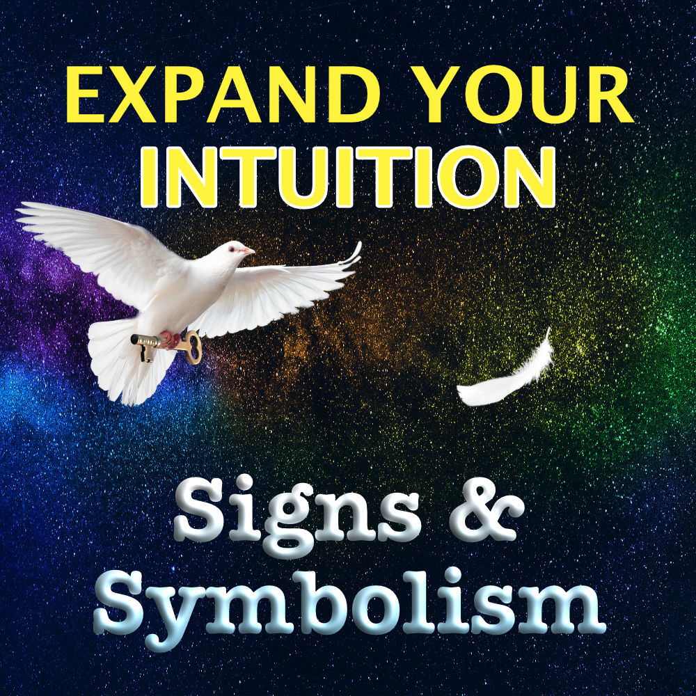 white dove, white feather on background of stars, with text expand your intuition, signs and symbolism