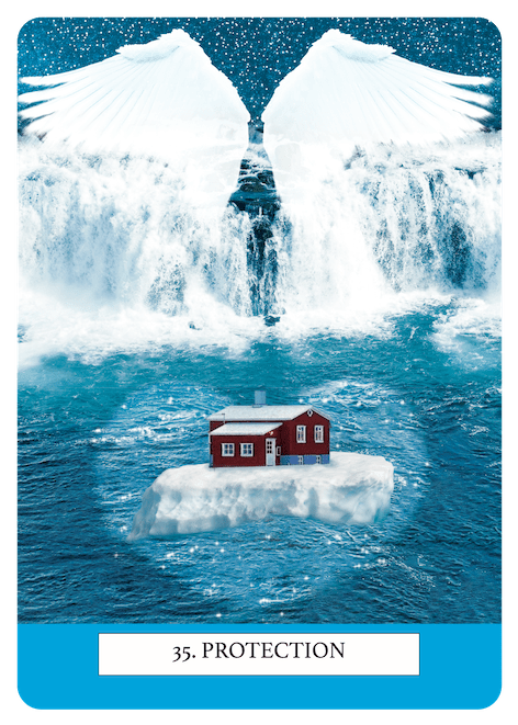 35. Protection, Life Signs Oracle by Elizabeth Keedy, a house on an iceberg in the ocean near a waterfall with white wings above and stars