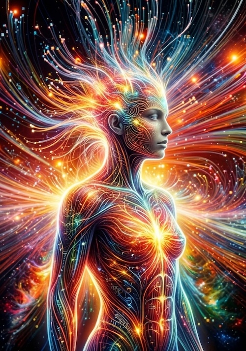 AI generated figure surrounded by energy waves from akashic field, receiving psychic information