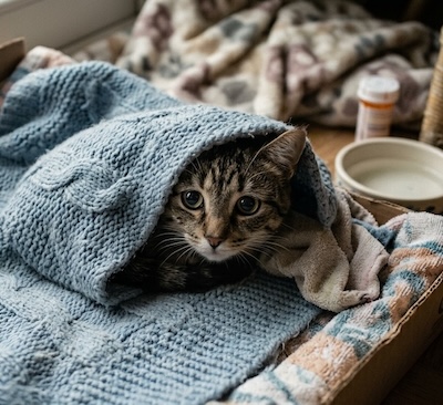 a young cat hiding under a blanket, as if unwell