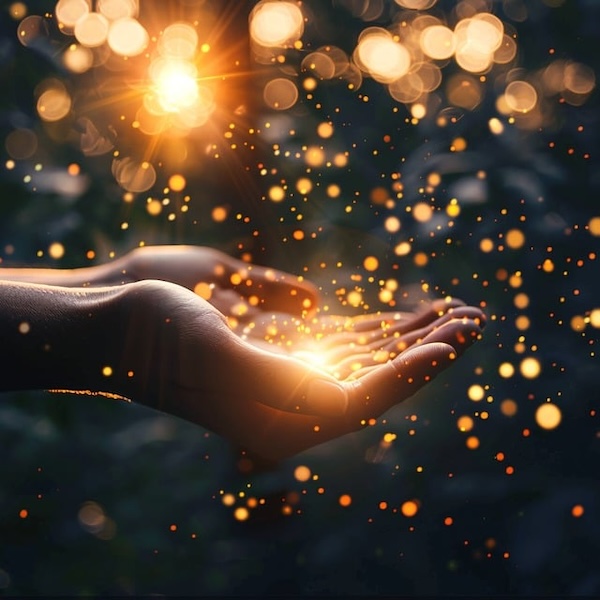 cupped hands, plams up, like healing hands, with golden orbs of energy in the hands and floating around
