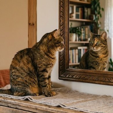a brown tabby cat looks into a mirror at itself