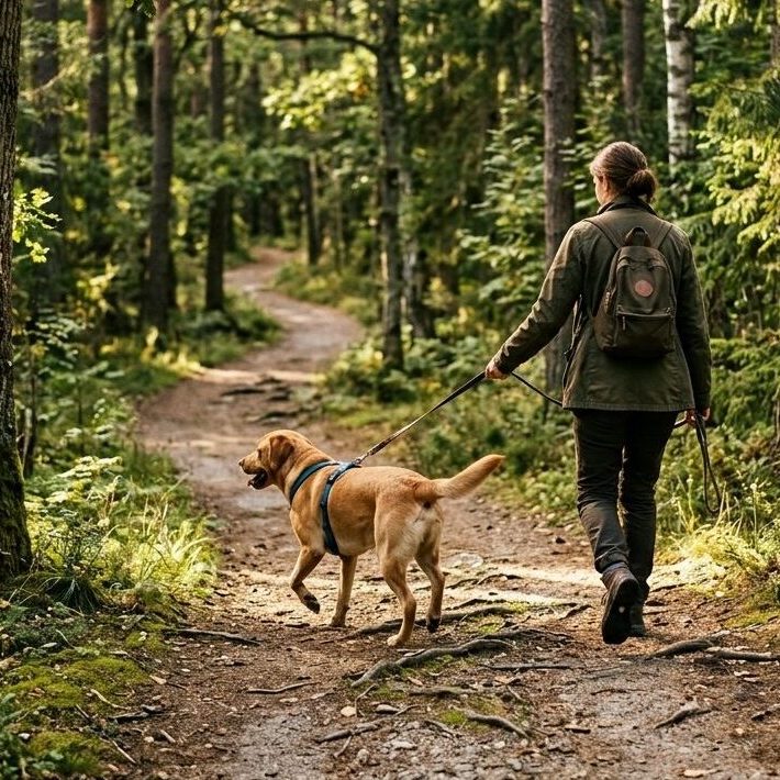 a person walking a dog along a path